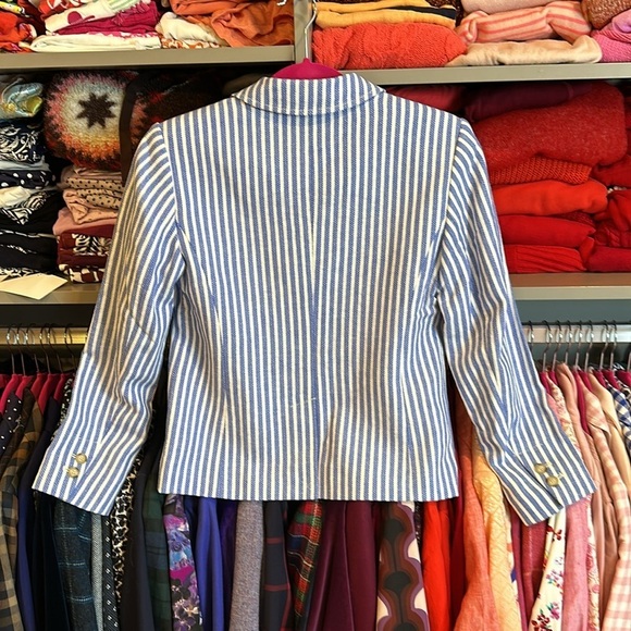 Loft 54% linen blue/white pinstriped one button blazer size 0 - Picture 3 of 5